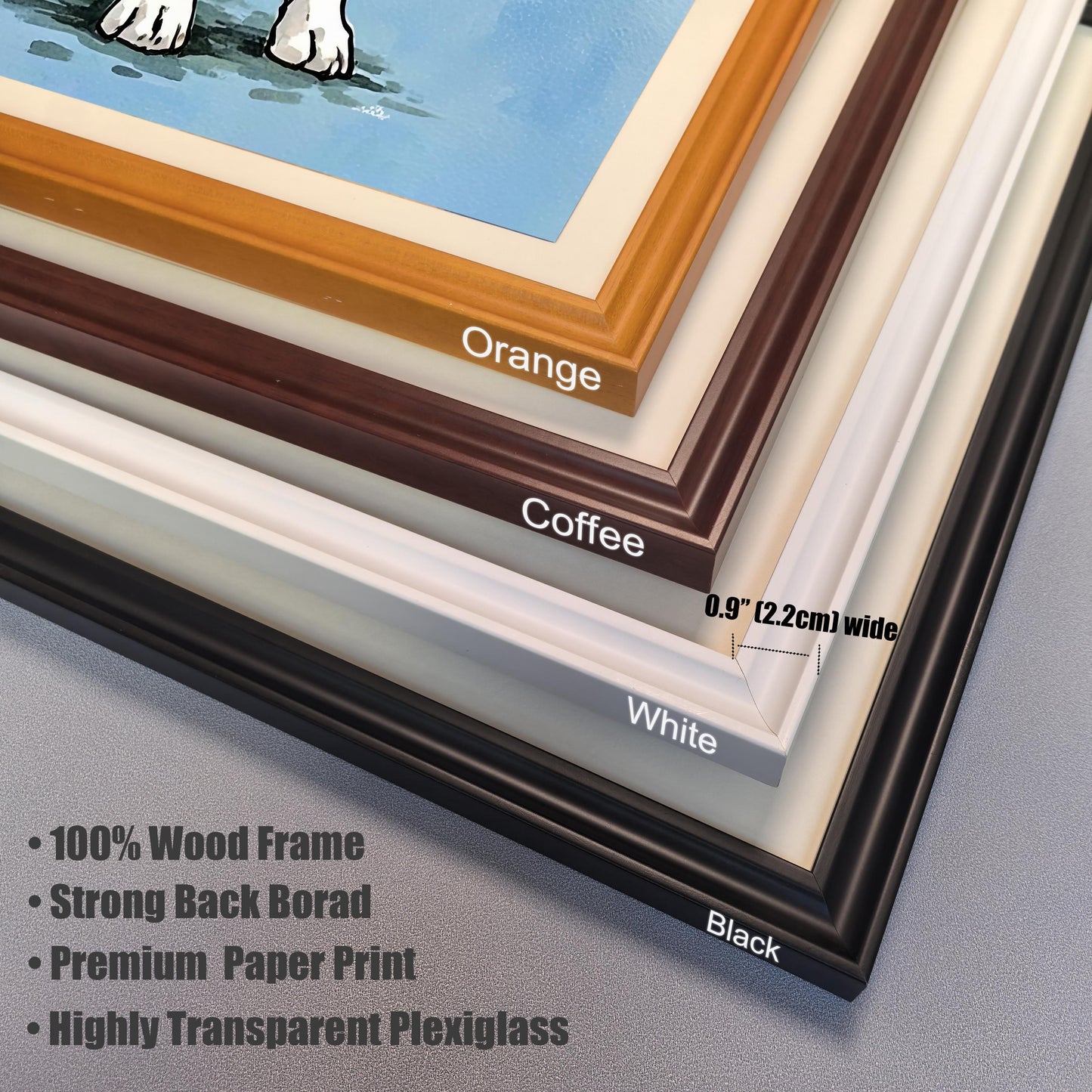 A close-up of the four frame options: Black, White, Coffee, and Orange. Text describes frame features: 100% Wood Frame, Strong Back Board, Premium Paper Print, and Highly Transparent Plexiglass.
