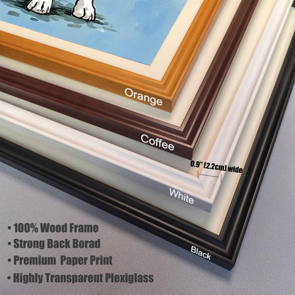A close-up of the four frame options: Black, White, Coffee, and Orange. Text describes frame features: 100% Wood Frame, Strong Back Board, Premium Paper Print, and Highly Transparent Plexiglass.