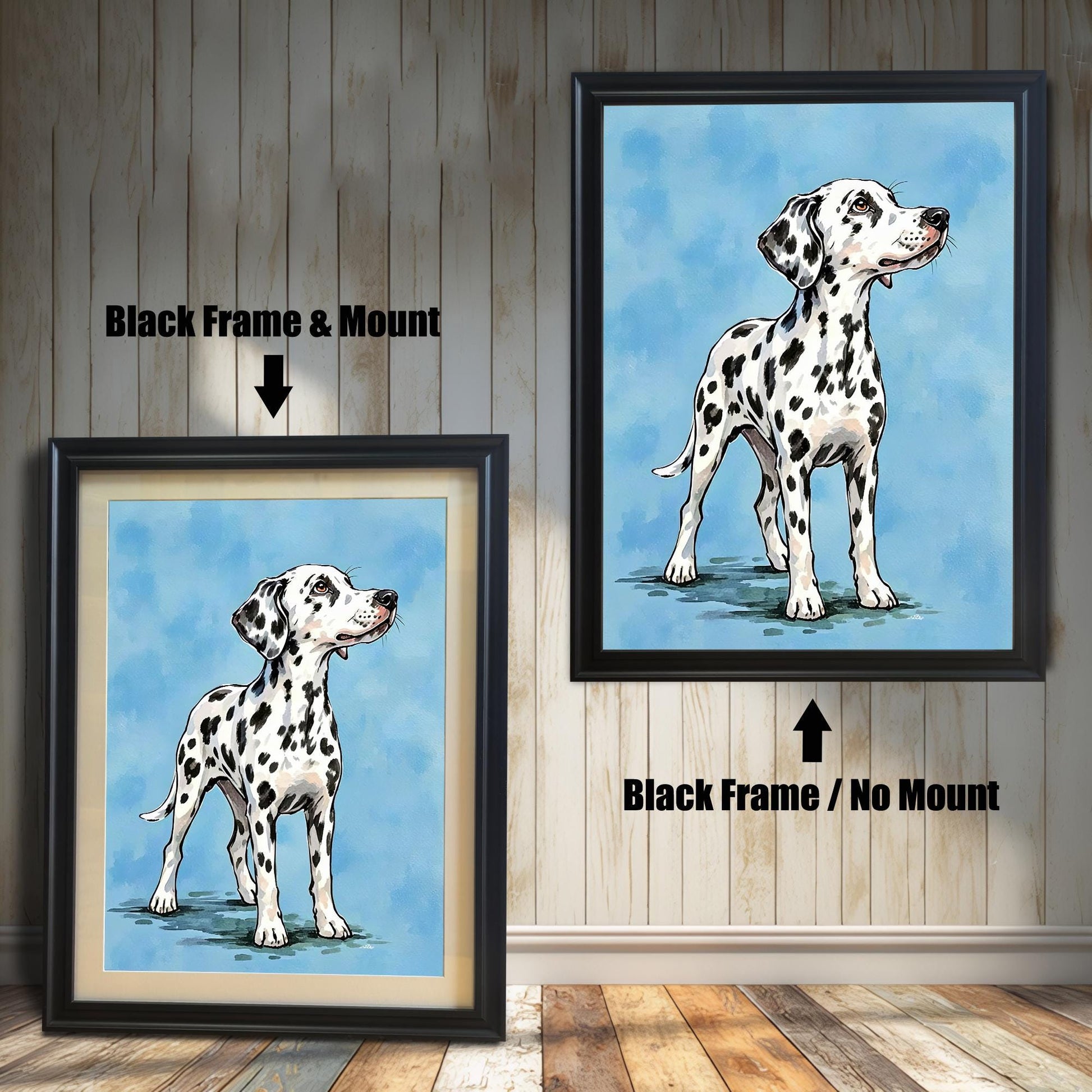 A comparison of two framed prints of a Dalmatian. One has a black frame with a mount (mat), and the other has a black frame with no mount.