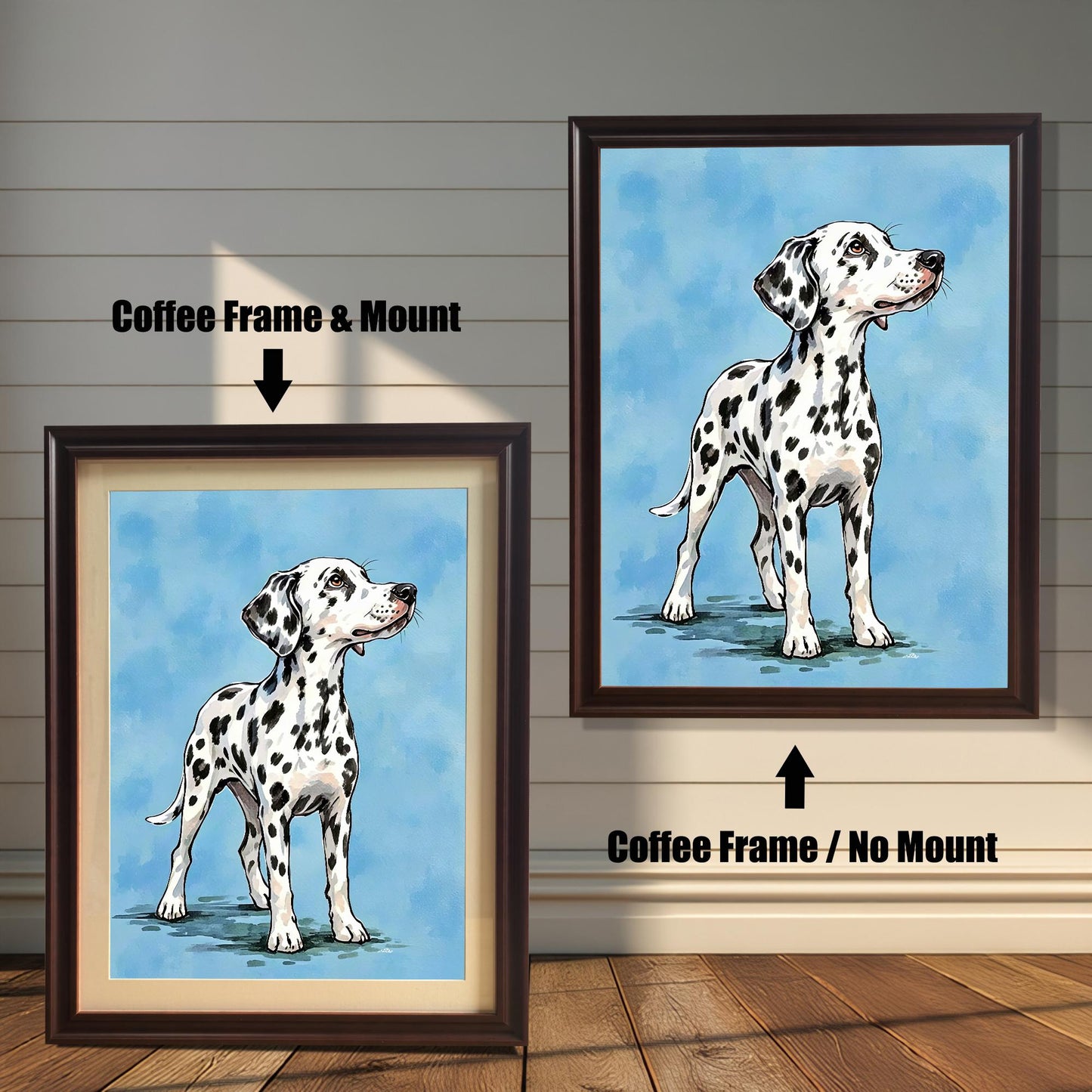 A comparison of two framed prints of a Dalmatian. One has a coffee-colored frame with a mount (mat), and the other has a coffee frame with no mount.