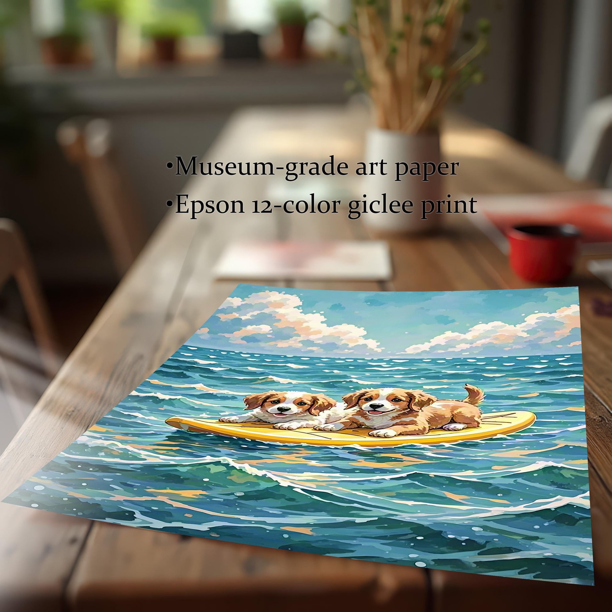 A framed art print of two puppies on a surfboard. The unframed print is lying on a wooden table, and text describes the paper and printing quality.
