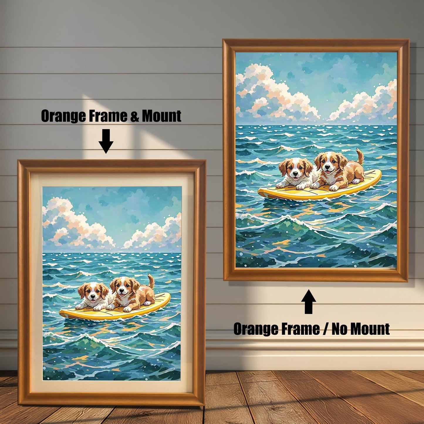Two framed art prints of two puppies on a surfboard. The image on the left has an orange frame with a white mount, while the one on the right has an orange frame with no mount.