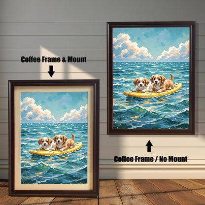 Two framed art prints of two puppies on a surfboard. The image on the left has a coffee-colored frame with a white mount, while the one on the right has a coffee-colored frame with no mount.