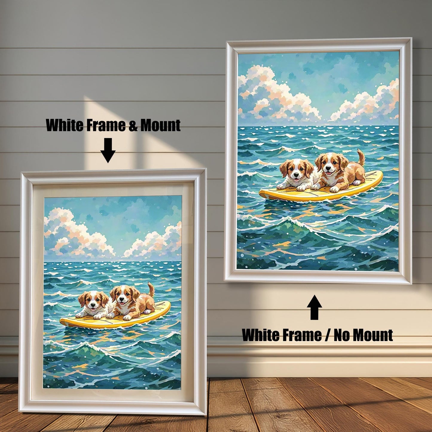 Two framed art prints of two puppies on a surfboard. The image on the left has a white frame with a white mount, while the one on the right has a white frame with no mount.