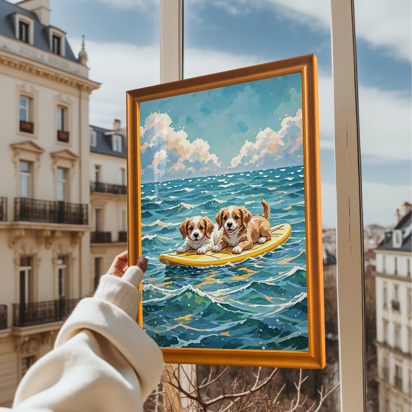A person holds a framed print of two puppies on a surfboard in front of a window overlooking a city. The frame is a warm, orange wood color.