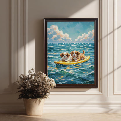 A framed art print of two puppies on a surfboard. The coffee-colored framed picture is leaning against a white wainscoted wall next to a large potted plant with dried flowers.