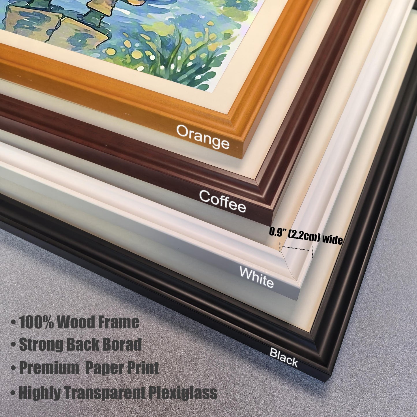 A close-up view of four different frame colors: orange, coffee, white, and black. A bulleted list describes the frame's features, including the material and glass.