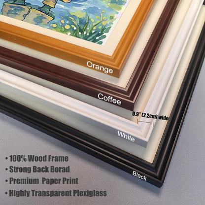 A close-up view of four different frame colors: orange, coffee, white, and black. A bulleted list describes the frame's features, including the material and glass.