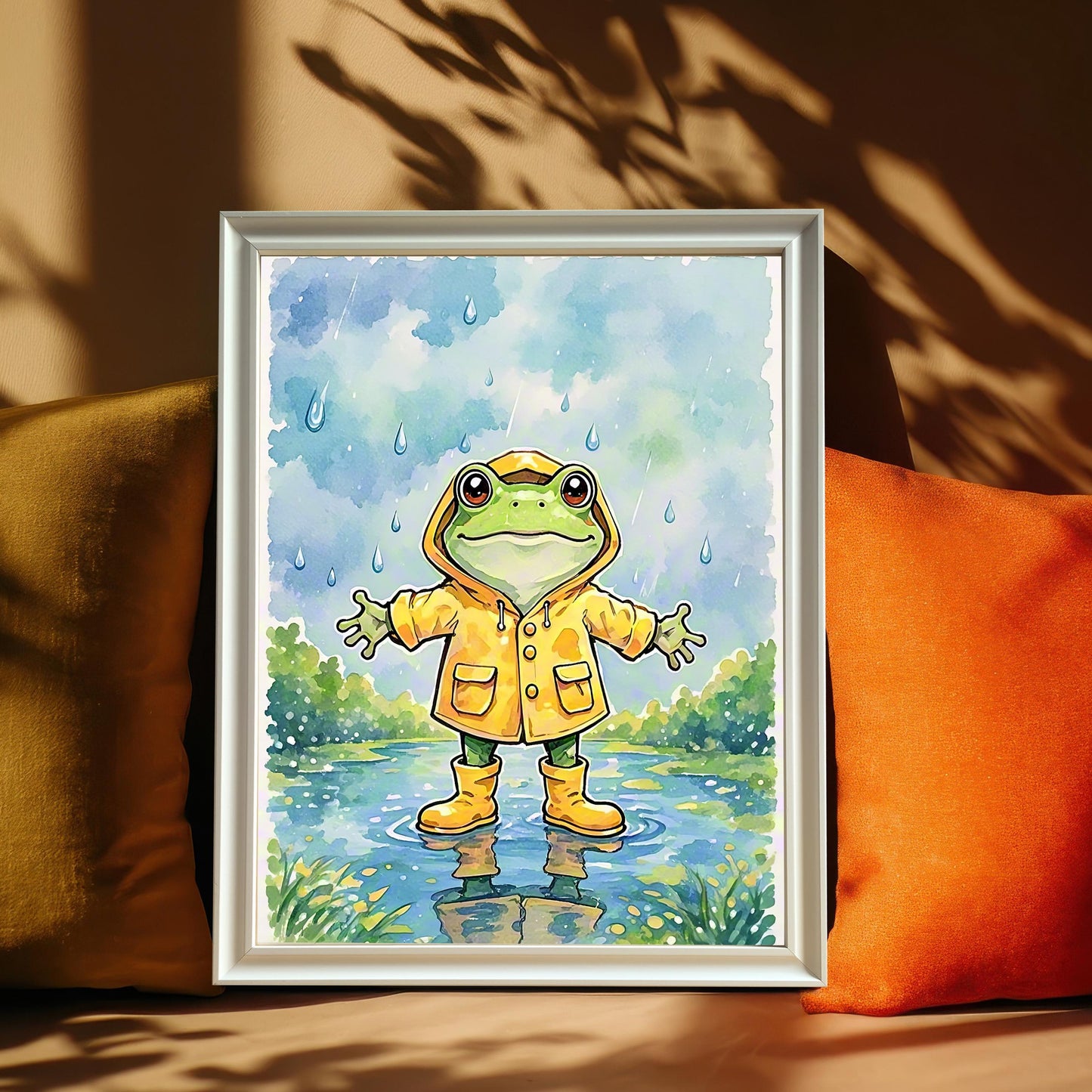 A white-framed art print of a frog in a yellow raincoat and boots, standing in a puddle. The picture is propped up on a bench between two pillows.