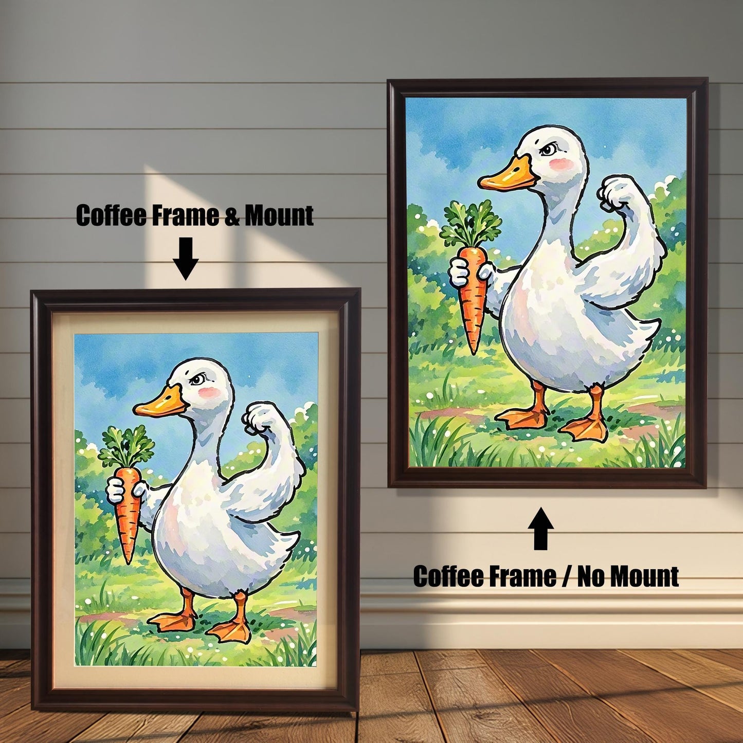 Two framed art prints of a duck with a carrot. The image on the left has a coffee-colored frame with a white mount, while the one on the right has a coffee-colored frame with no mount.