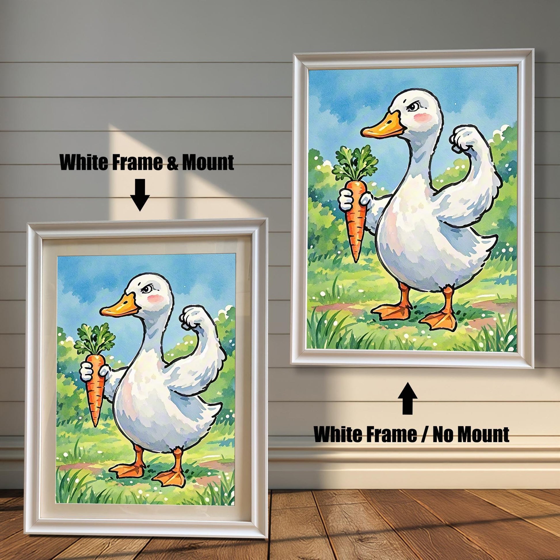 Two framed art prints of a duck with a carrot. The image on the left has a white frame with a white mount, while the one on the right has a white frame with no mount.