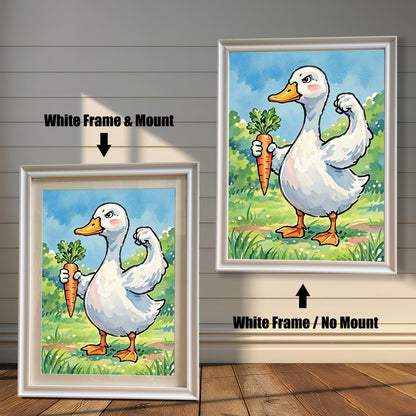 Two framed art prints of a duck with a carrot. The image on the left has a white frame with a white mount, while the one on the right has a white frame with no mount.