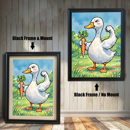 Two framed art prints of a duck with a carrot. The image on the left has a black frame with a white mount, while the one on the right has a black frame with no mount.