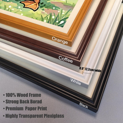 A close-up view of four different frame colors: orange, coffee, white, and black. A bulleted list describes the frame's features, including the material and glass.
