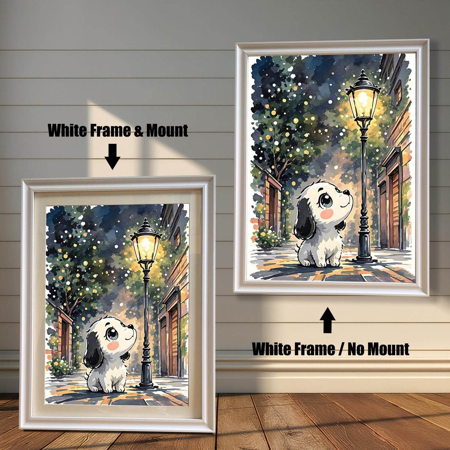 Puppy Watercolor Print in Wood Frame: Whimsical Nursery Wall Art