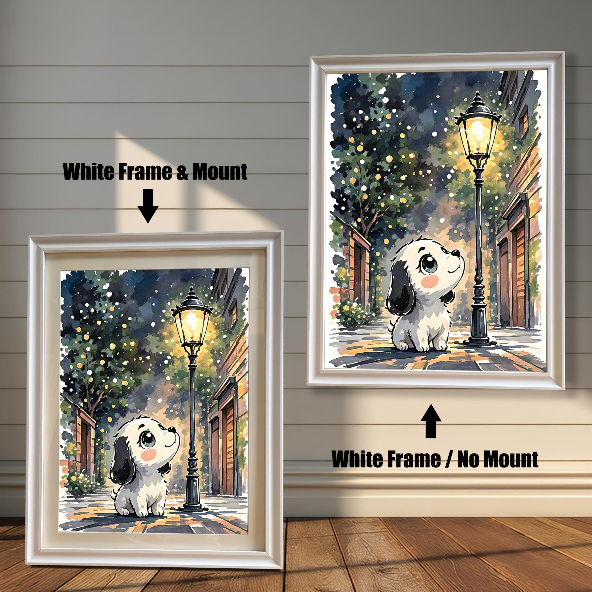 Puppy Watercolor Print in Wood Frame: Whimsical Nursery Wall Art