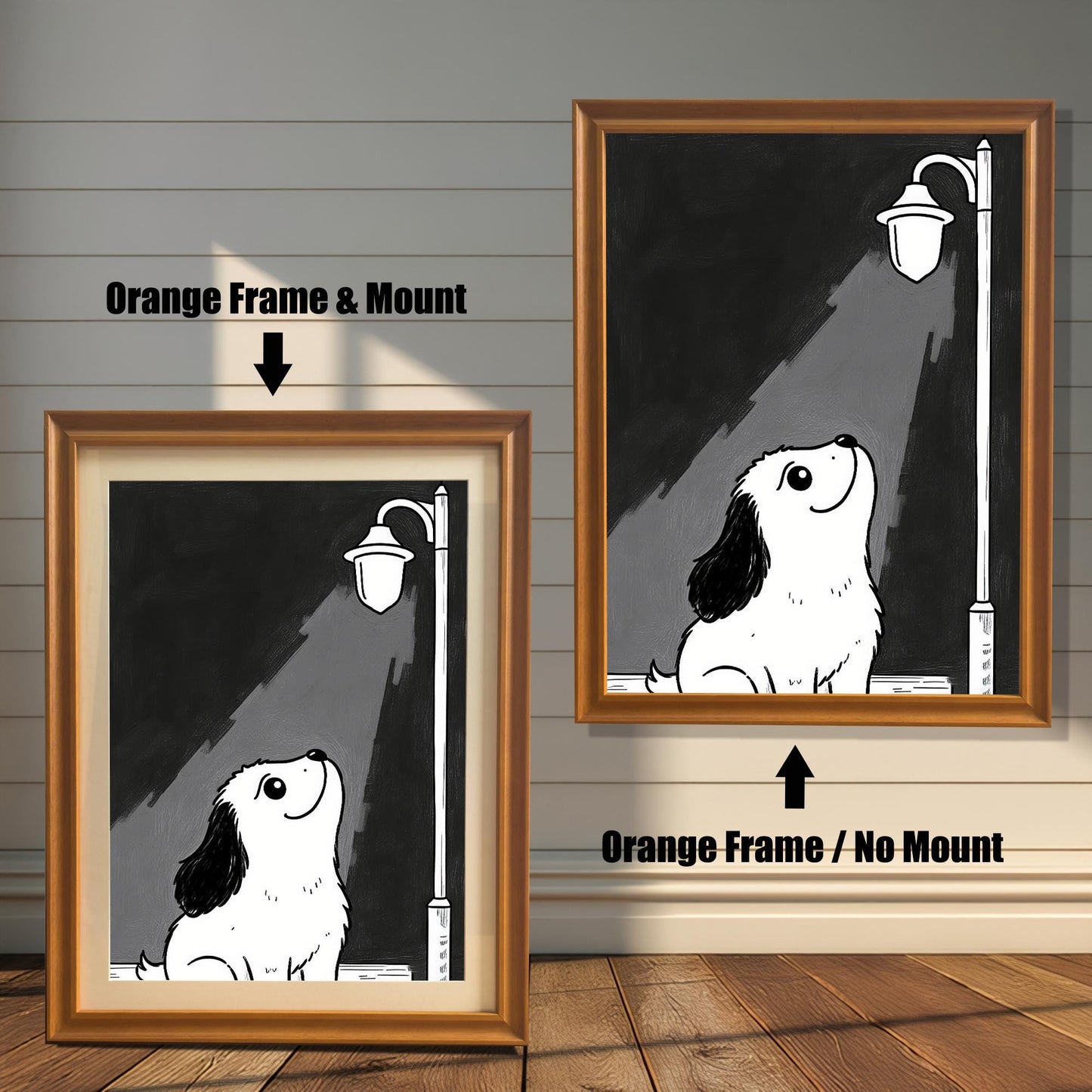 Two prints of a puppy under a lamppost. The left one has an "Orange Frame & Mount," and the right has an "Orange Frame / No Mount."
