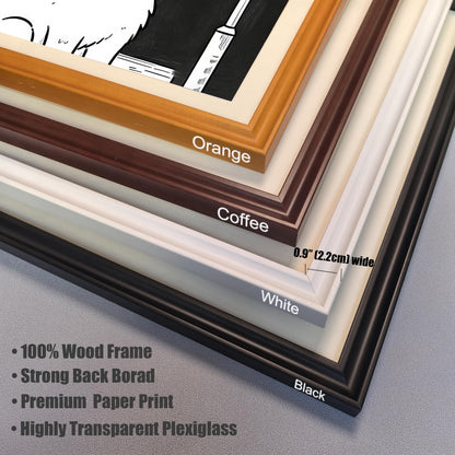 A close-up of four stacked frame corners: orange, coffee, white, and black. Text describes the "100% Wood Frame" and "Highly Transparent Plexiglass."