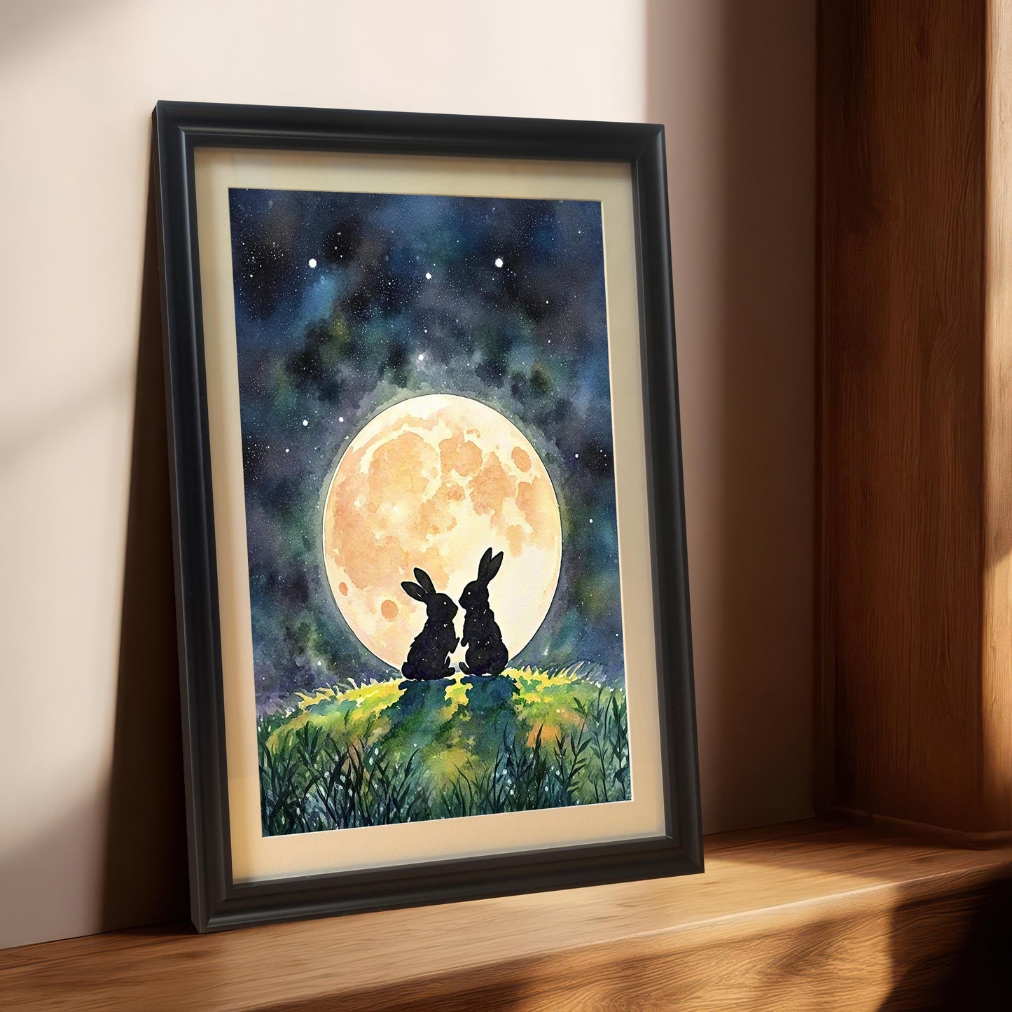 A black-framed watercolor print of two rabbits sitting under a full moon, propped up on a wooden windowsill.
