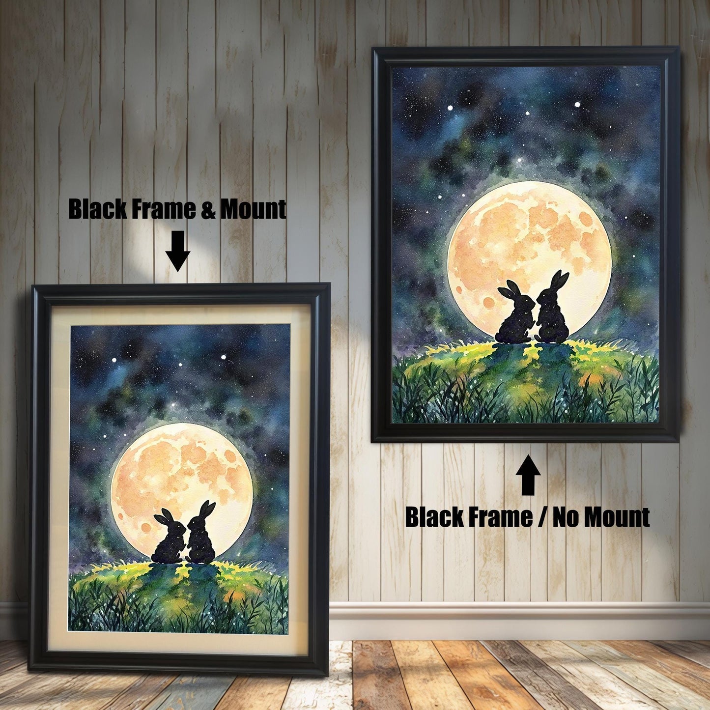 Two framed prints of rabbits under a moon. The one on the left has a "Black Frame & Mount," and the right has a "Black Frame / No Mount."