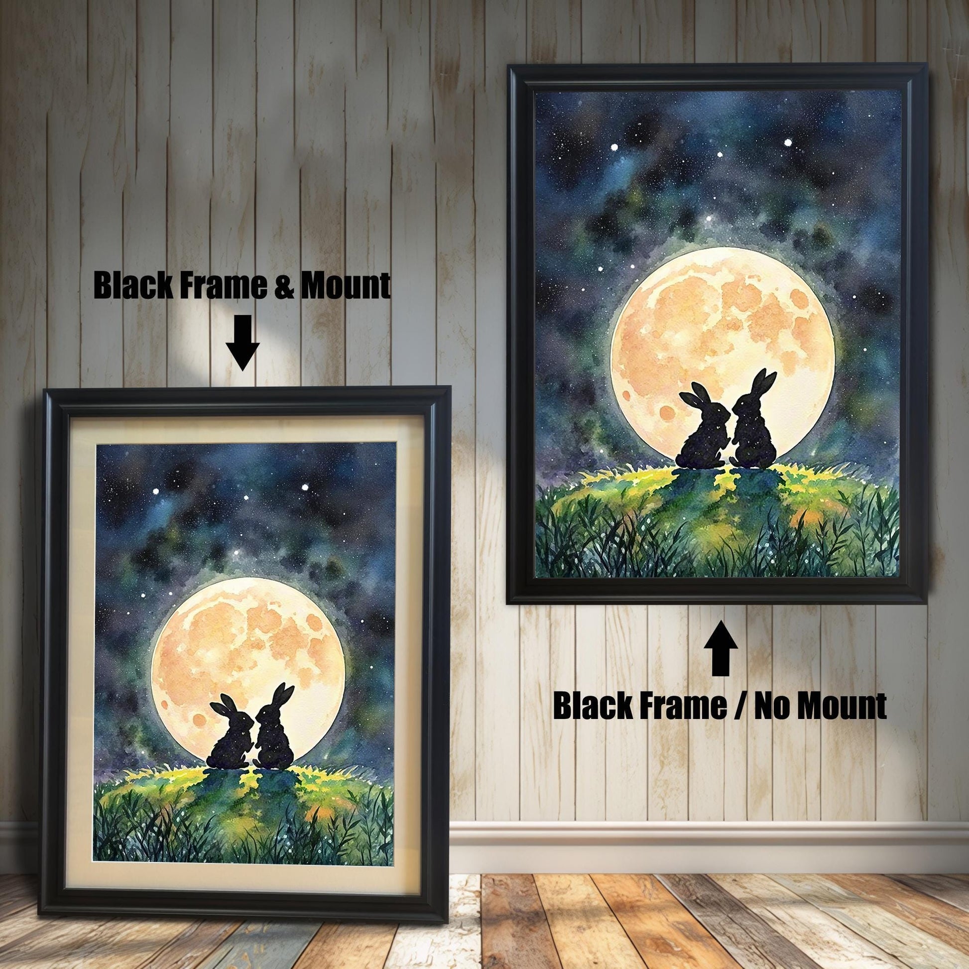 Two framed prints of rabbits under a moon. The one on the left has a "Black Frame & Mount," and the right has a "Black Frame / No Mount."