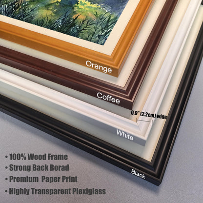 A close-up view of four stacked frame corners: orange, coffee, white, and black. Text describes the "100% Wood Frame" and "Highly Transparent Plexiglass."