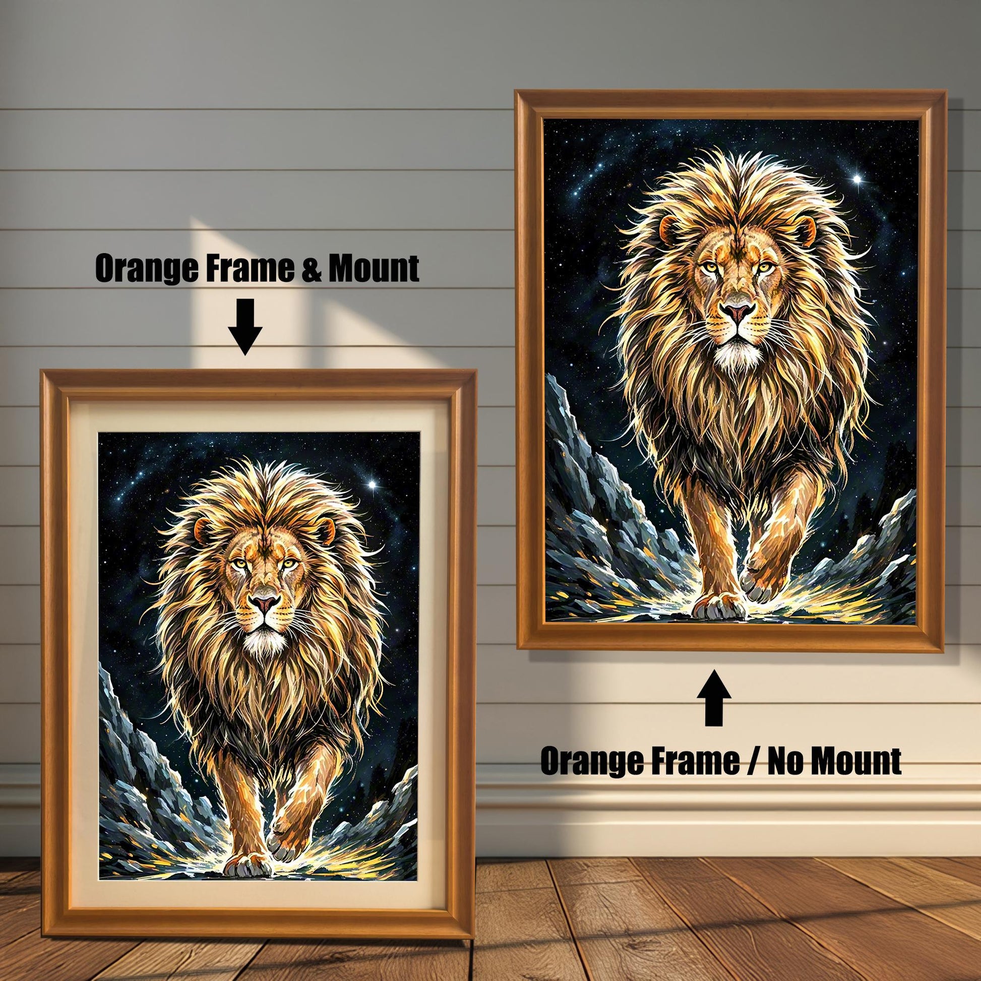 Two framed prints of a lion. The one on the left has an "Orange Frame & Mount," while the one on the right has an "Orange Frame / No Mount."