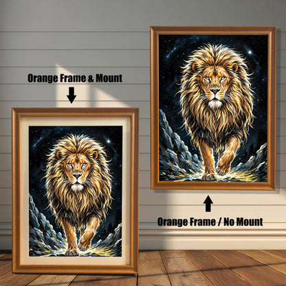 Two framed prints of a lion. The one on the left has an "Orange Frame & Mount," while the one on the right has an "Orange Frame / No Mount."