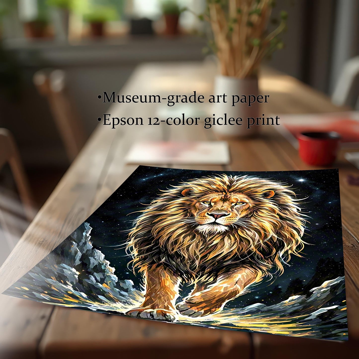 A print of a lion walking under a starry sky, lying on a wooden table, with text noting it's "Museum-grade art paper" and an "Epson 12-color giclee print."