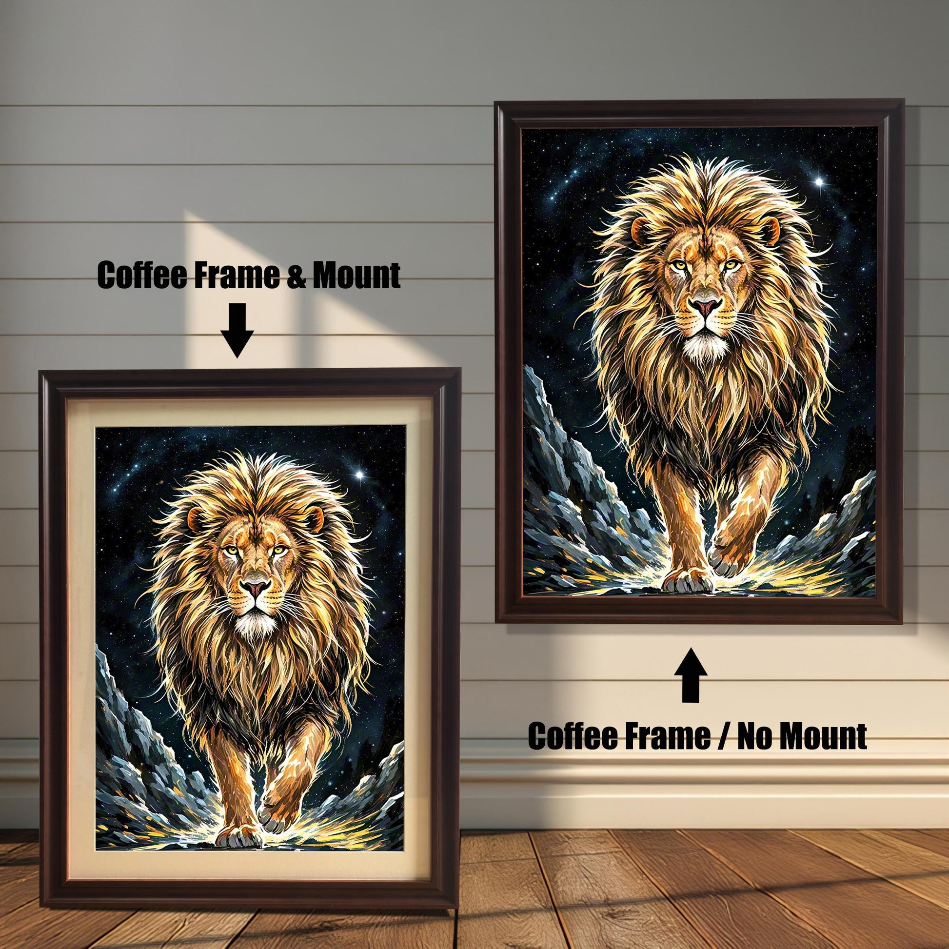 Two framed prints of a lion. The one on the left has a "Coffee Frame & Mount," while the one on the right has a "Coffee Frame / No Mount."