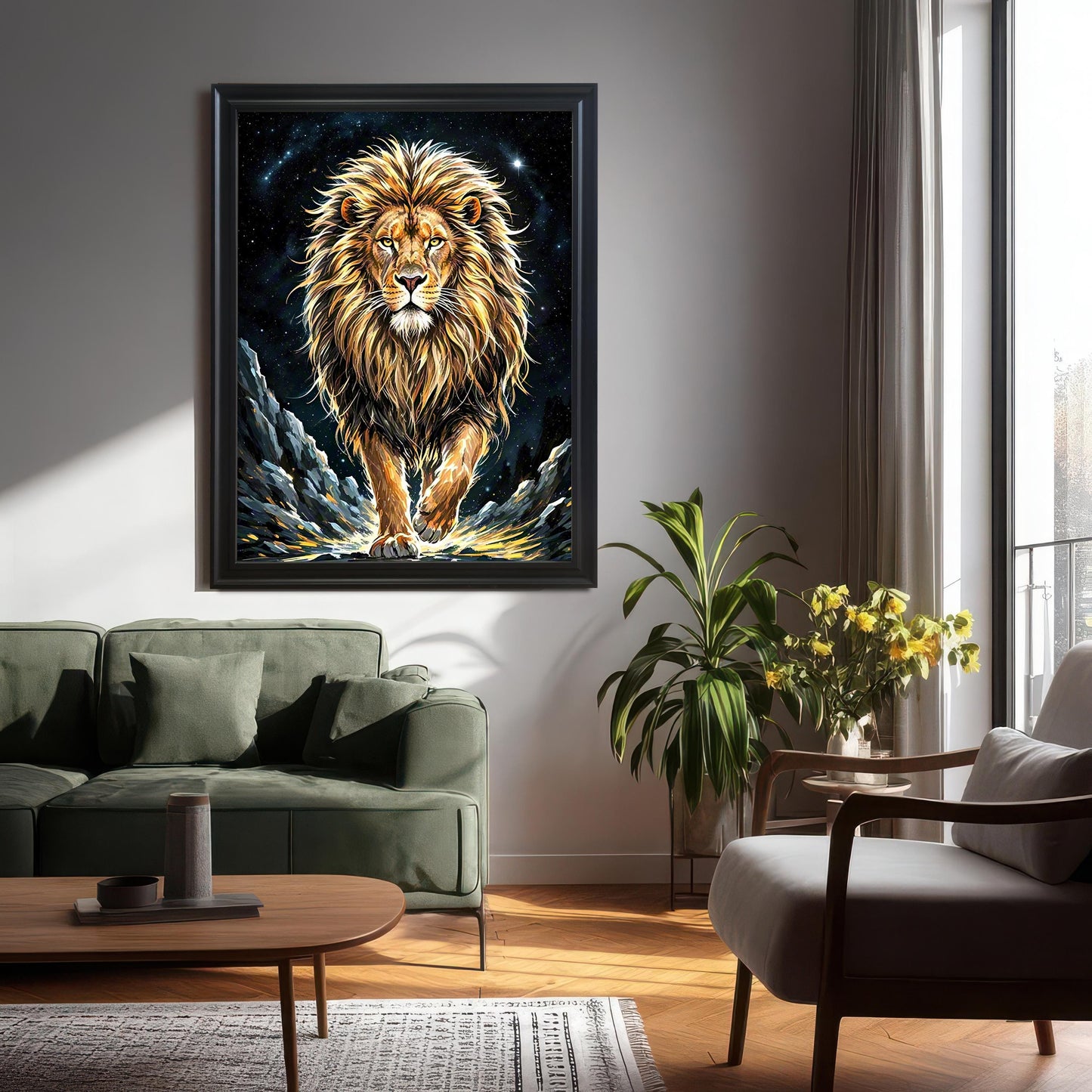 A large black-framed art print of a lion walking under a starry sky, hanging on a gray wall above a green sofa in a living room.