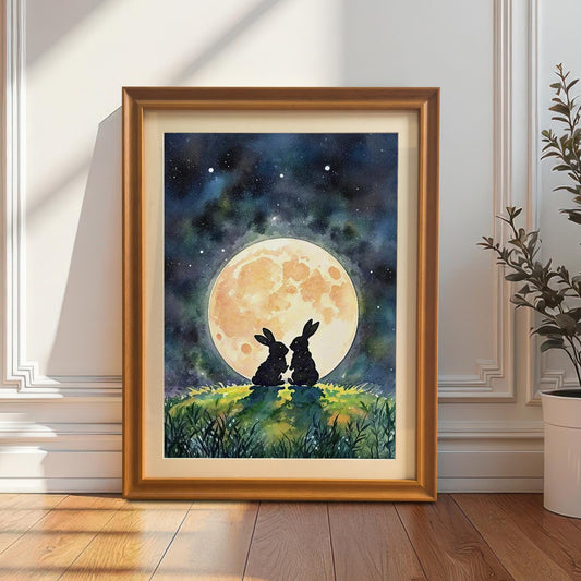A framed watercolor print of two rabbits under a full moon, leaning against a white wall on a hardwood floor next to a potted plant.