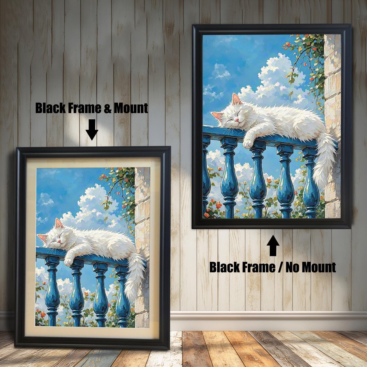 Two framed prints of a sleeping white cat. The one on the left has a "Black Frame & Mount," and the one on the right has a "Black Frame / No Mount."
