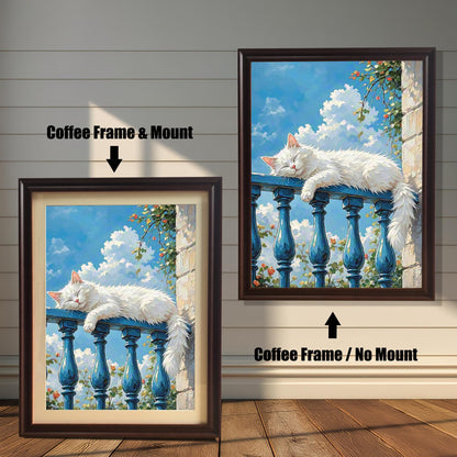 Two framed prints of a sleeping white cat. The one on the left has a "Coffee Frame & Mount," and the one on the right has a "Coffee Frame / No Mount."