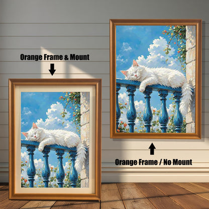 Two framed prints of a sleeping white cat. The one on the left has an "Orange Frame & Mount," and the one on the right has an "Orange Frame / No Mount."
