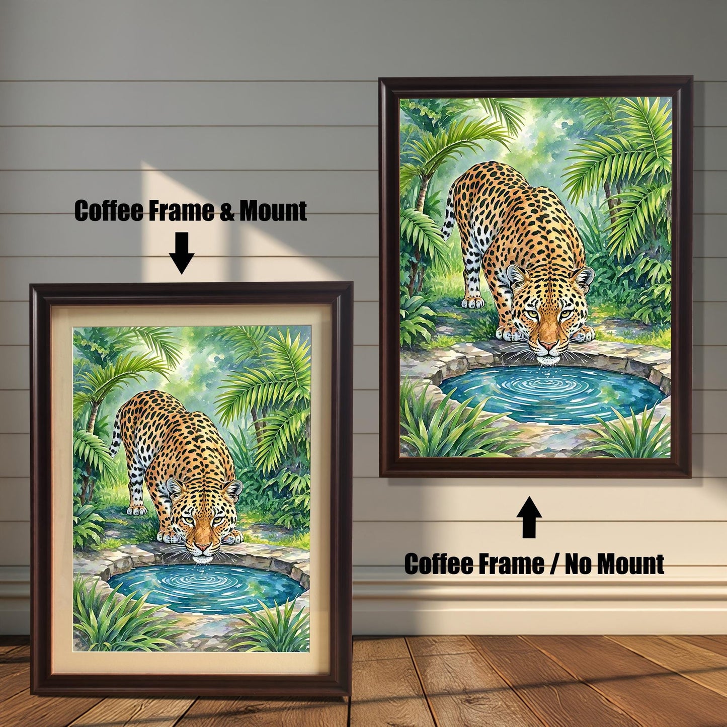 Two framed paintings of a leopard drinking from a pool. The left one has a coffee frame with a mount, and the right one has a coffee frame with no mount.
