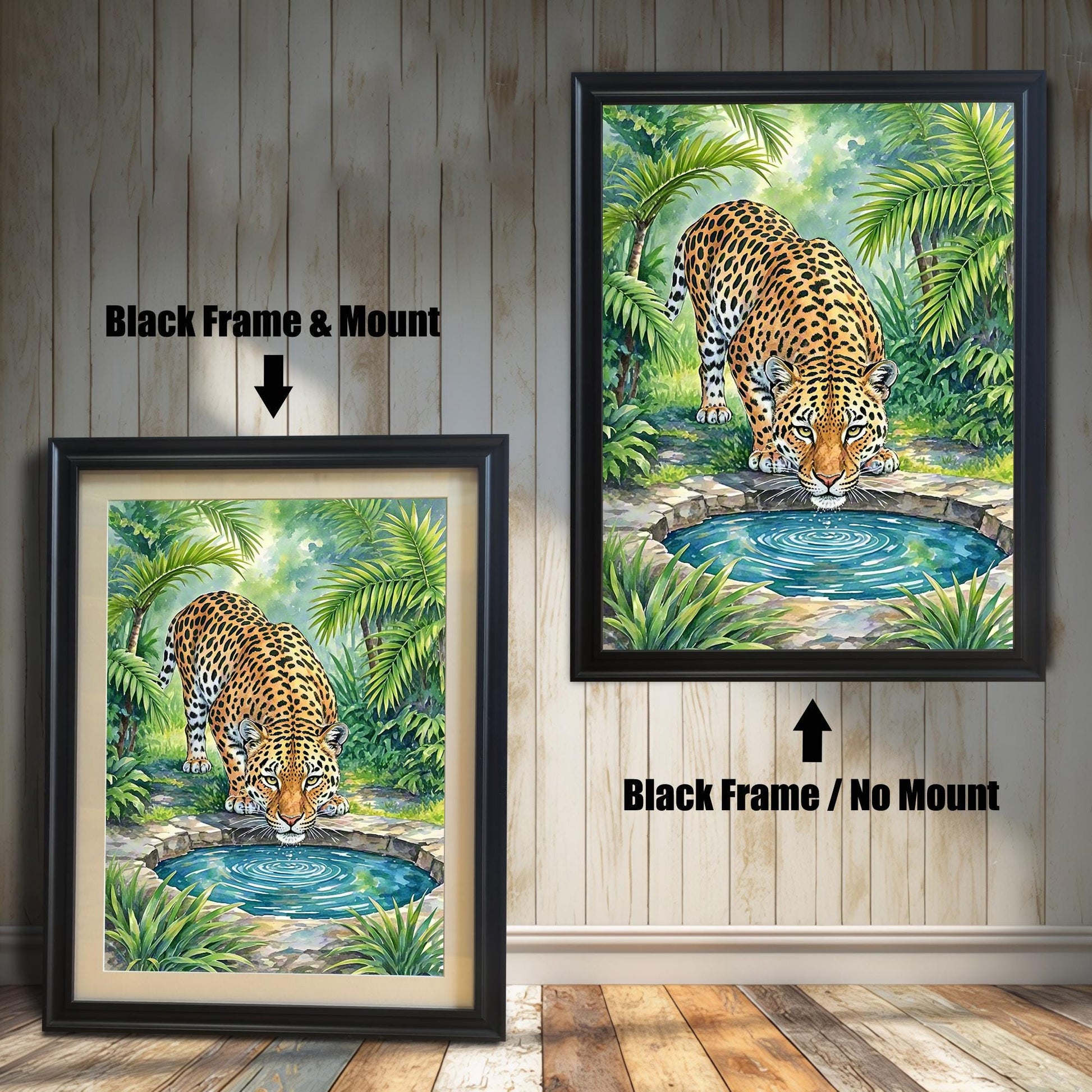 Two framed paintings of a leopard drinking from a pool. The left one has a black frame with a mount, and the right one has a black frame with no mount.