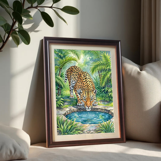 Framed wall art of a leopard drinking from a pool, leaning on a beige sofa next to a pillow.