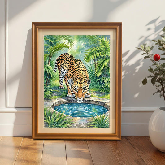 A framed painting of a leopard drinking from a pool, leaning against a white wainscot wall next to a plant in a beige pot.