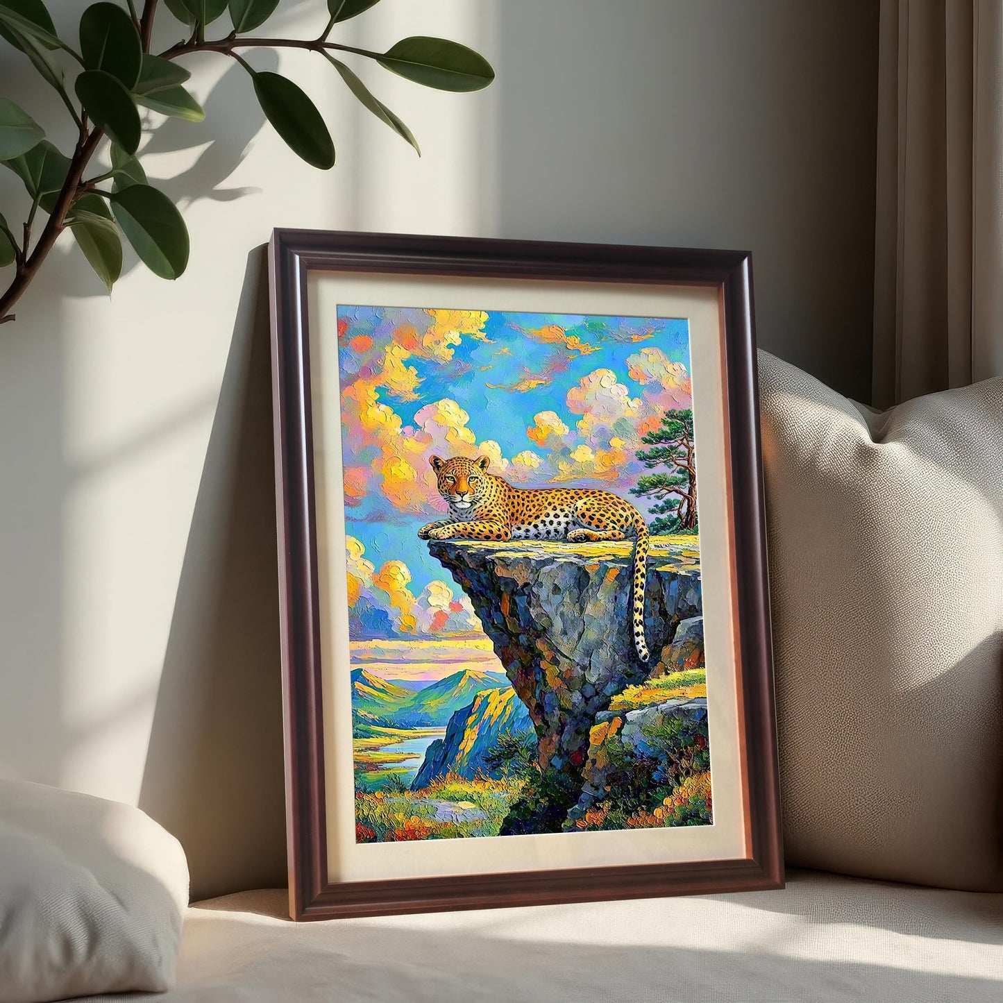 Framed wall art of a leopard on a cliffside, leaning on a beige sofa next to a pillow.