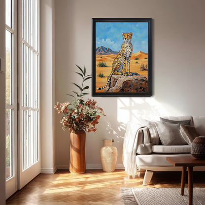 Framed wall art of a cheetah in a desert landscape, hung in a sunlit living room above a couch.