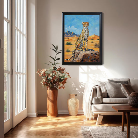 Framed wall art of a cheetah in a desert landscape, hung in a sunlit living room above a couch.