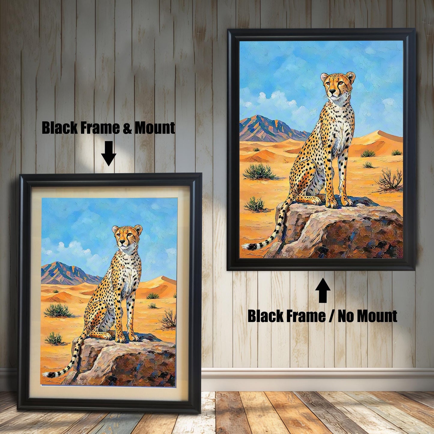 Two framed paintings of a cheetah in a desert. The left one has a black frame with a mount, and the right one has a black frame with no mount.