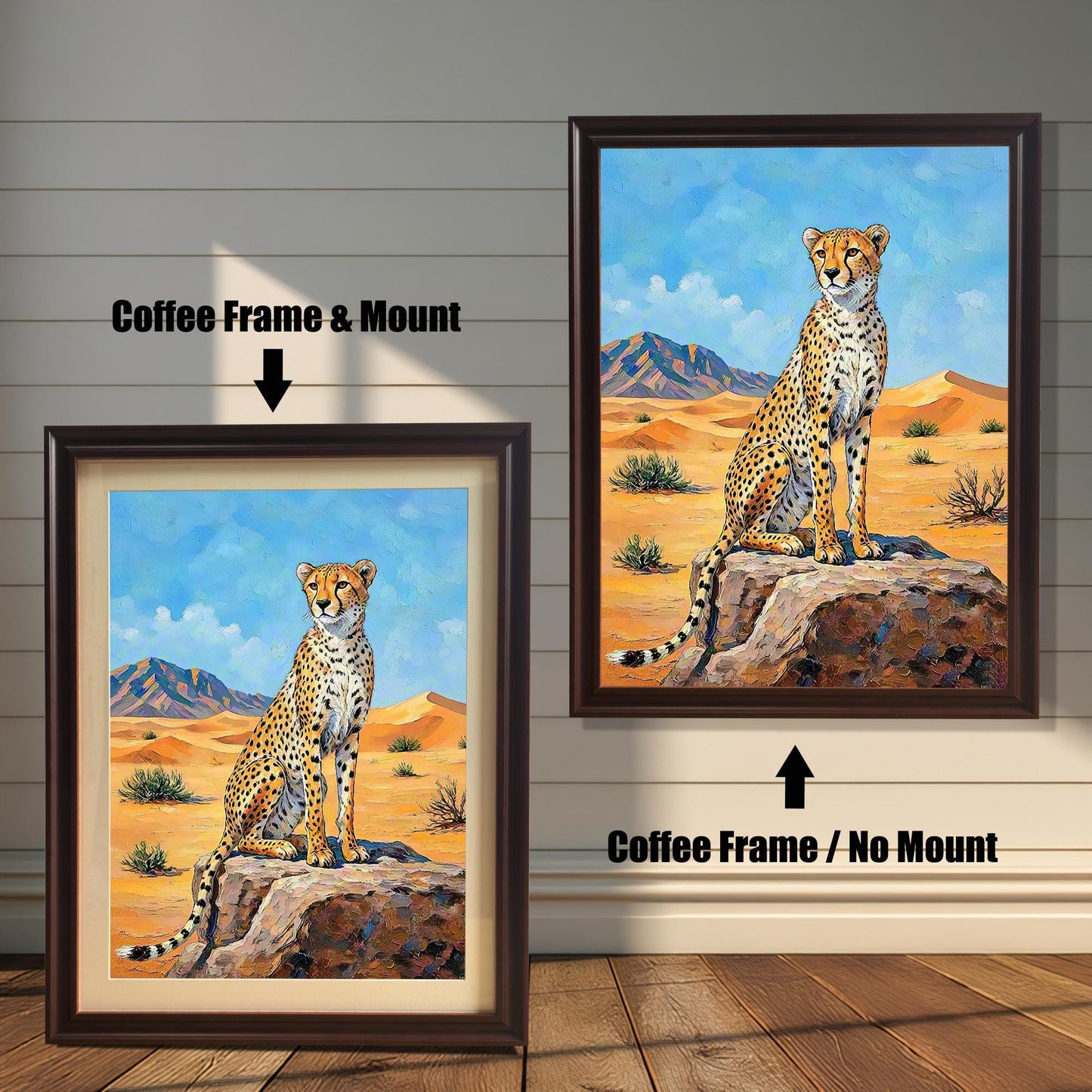 Two framed paintings of a cheetah in a desert. The left one has a coffee frame with a mount, and the right one has a coffee frame with no mount.