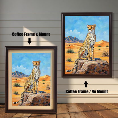 Two framed paintings of a cheetah in a desert. The left one has a coffee frame with a mount, and the right one has a coffee frame with no mount.