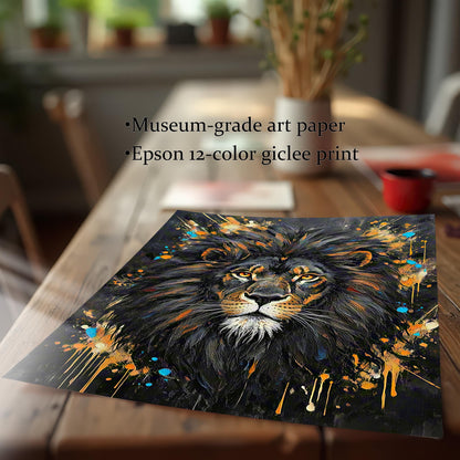 A close-up of an unframed print of an abstract lion portrait, resting on a wooden table.