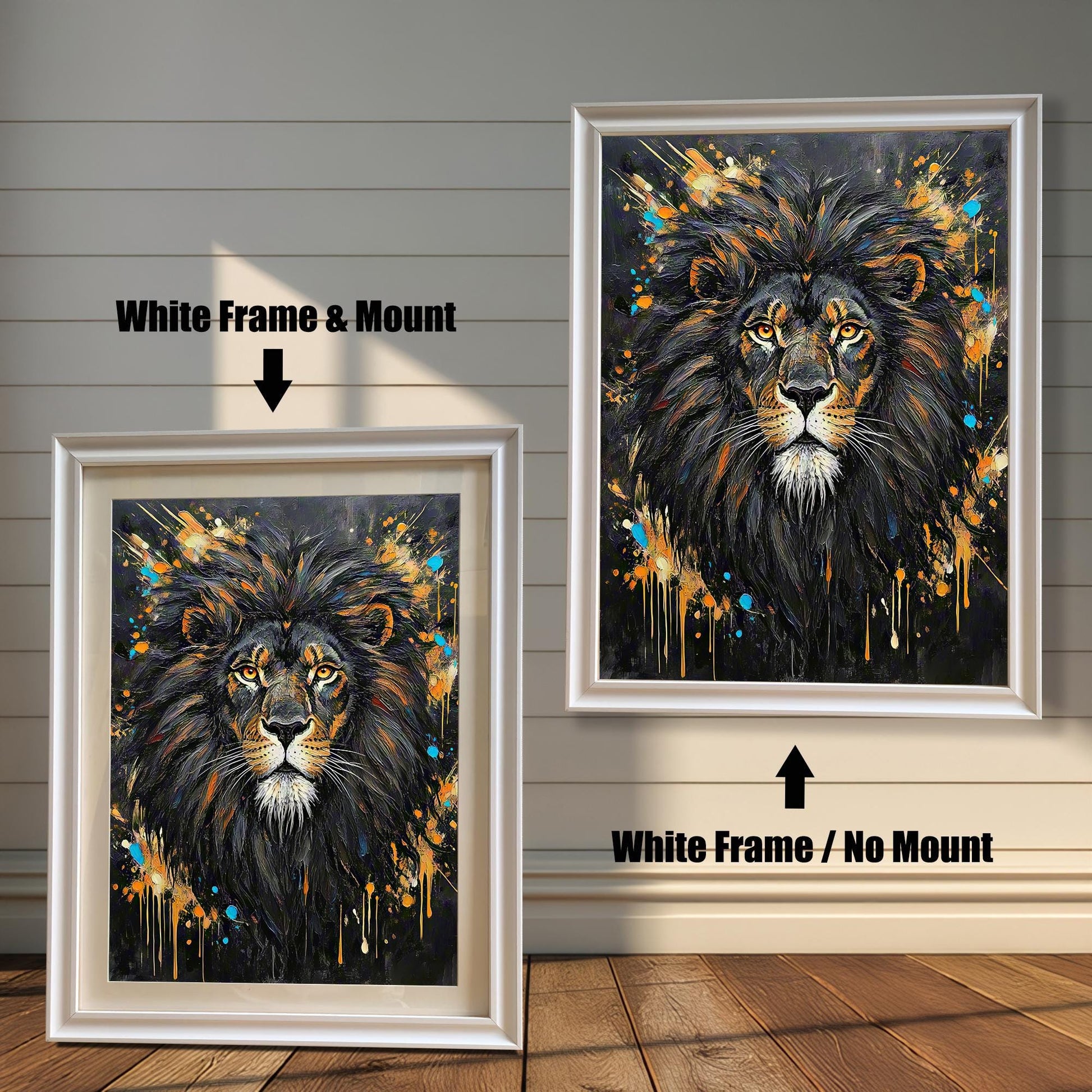 Two framed paintings of an abstract lion portrait. The left has a white frame with a mount, and the right has a white frame with no mount.