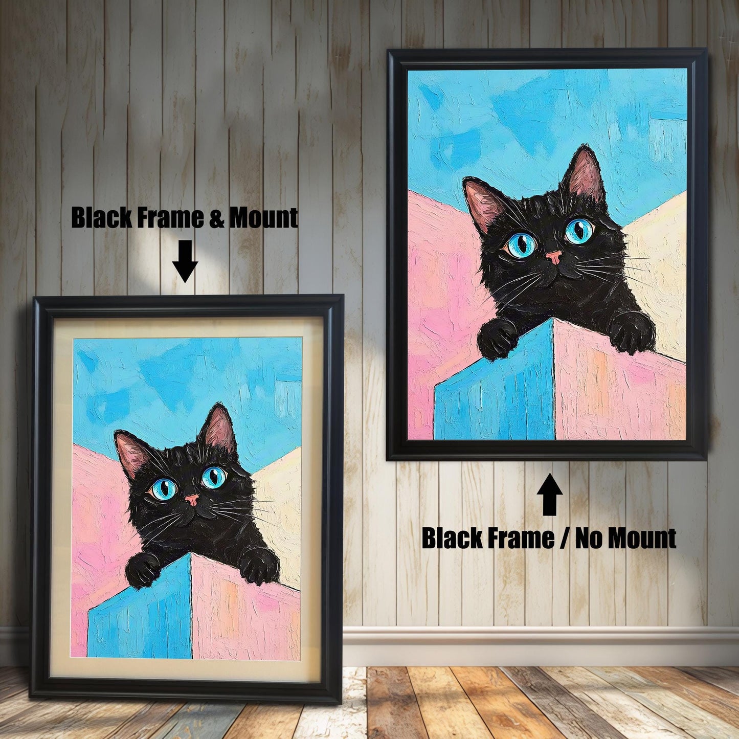 A side-by-side comparison of a black cat painting with a black frame and mount on the left, and a black frame with no mount on the right.