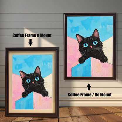 A side-by-side comparison of a black cat painting with a coffee-colored frame and mount on the left, and a coffee-colored frame with no mount on the right.