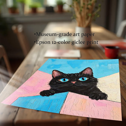 A black cat print with museum-grade paper and an Epson 12-color giclee print sits on a light wood table.